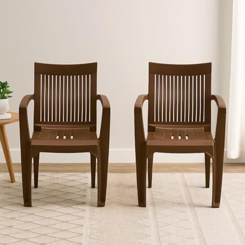 Image of Nilkamal CHR2209 Plastic Mid Back Chair |Set of 2|Stackable Chair|for Home, Dining Room, Bedroom, Kitchen, Living Room, Office, Outdoor, Garden |Rattan Dark Beige