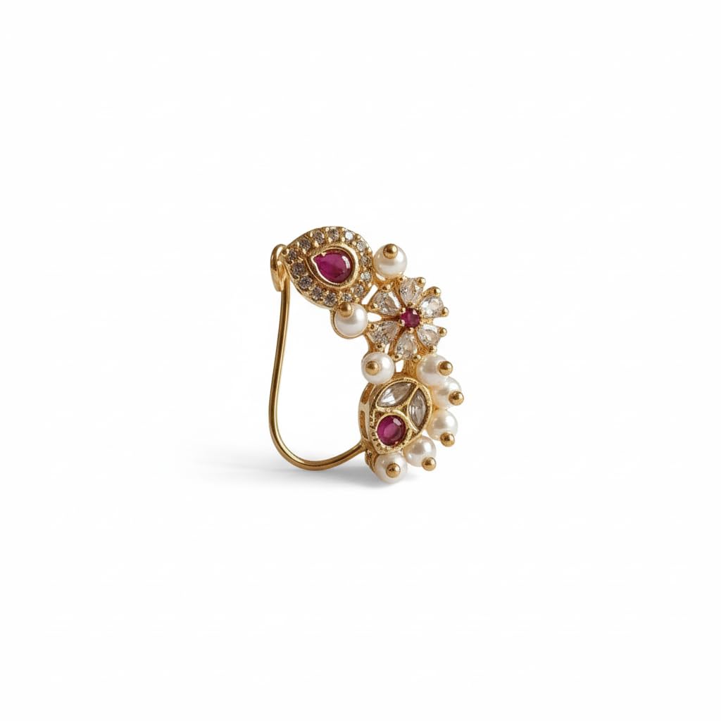 Traditional Copper Gold-Plated Pressing Nath for Women & Girls | Ruby Stone & Pearl Studded Maharashtrian Nose Pin | AD Diamond Look Nathani | Bridal Ethnic Jewellery for Non-Pierced Nose-image-43