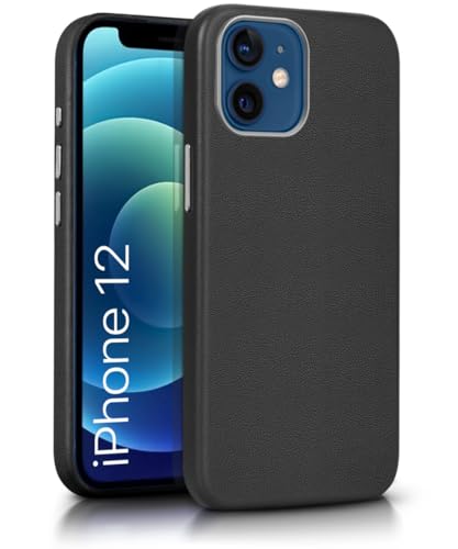 Image of WOW IMAGINE Back Cover for iPhone 12 | Shockproof Tough Leather Texture Hard Mobile Case | Ultra Slim Non-Slip Grip | Inner Velvet Fabric | Metal Camera Ring - Black