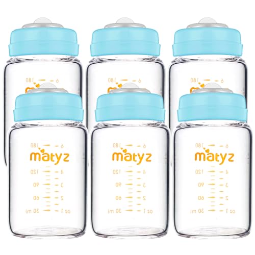 Image of Matyz Glass Breastmilk Storage Bottles, 6 Pack, 6 oz, Compatible with Spectra Medela Breast Pump - Freezer Safe Storage Bottles Set - Wide Mouth Breastmilk Storage Containers - No BPA (Blue Lids)