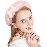 BLESSI Fashion Wool Pom Pom Bowknot Cute Beret Hats Pink Elegant Warm Soft Chic Lolita Cap with Bow for Girls (Pink + White)