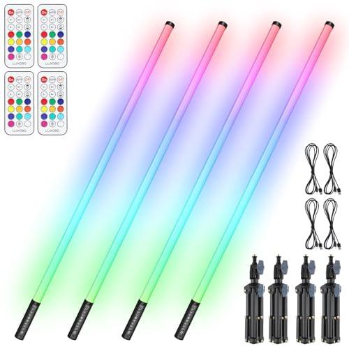 4 Pack LED Tube Light 4ft RGB Light Tube with Stand Handheld DJ Stage Lights Bar for Party 500 Effects Music Sync/Dynamic/Static Modes 5000mAh Rechargeable Battery