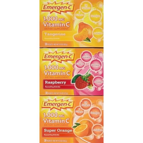Emergen-C 1,000 mg Vitamin C Dietary Supplement Drink Mix, Super Orange/Raspberry/Tropical, 90 Packets, Net Wt. 28.5 oz.