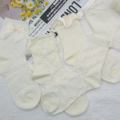 Image of 5 Pairs Women's Lace Ruffled Socks with Bows, Cute Frilly Ankle Socks