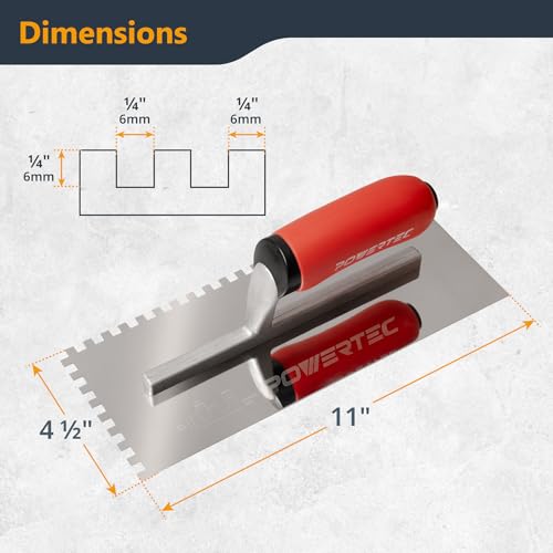 Image of POWERTEC Stainless Steel Trowel with 1 /4 inch x 1 /4 inch Square Notch, Soft Grip Handle for Cement, Concrete, Masonry Tile Installation Work (72180)