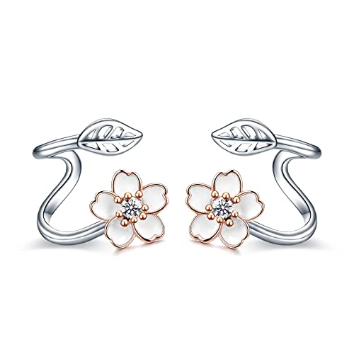 Image of POPLYKE White Flower 925 Sterling Silver Ear Climber Flower Crawler Cuff Wraps Earrings Jewelry Gifts for Women Hypoallergenic