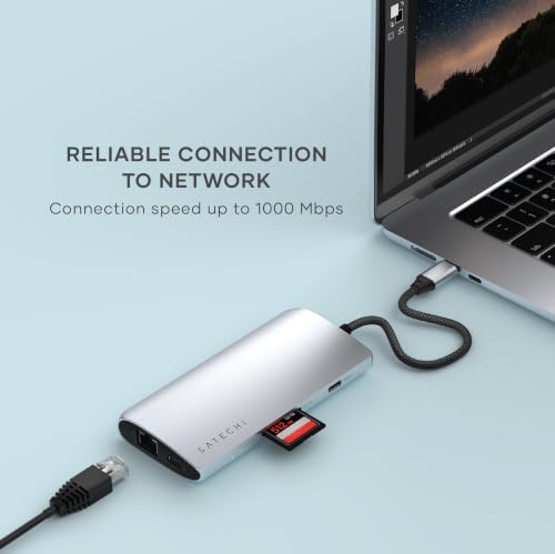 Image of Satechi 8-in-1 USB-C Hub V3, 8K HDMI, Multiport Adapter, Ethernet, Silver