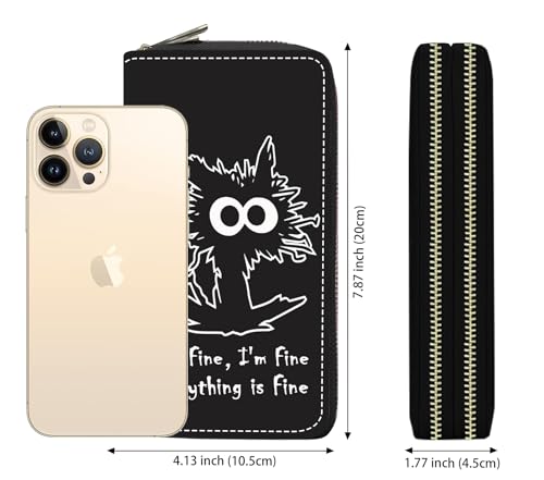 Women's Large Capacity Wallet PU Leather Double Zipper Clutch Purse Multifunctional Wallet with Removable Wristlet Strap for Phone/Coin/Card/Cash, Funny Cat - It's Fine I'm Fine Everything is Fine2