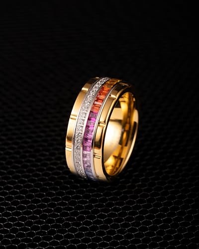 100S JEWELRY 10mm Gold Tungsten Rings For Men Rainbow & Clear CZ Moissanite Wedding Promise Band Size 6-163