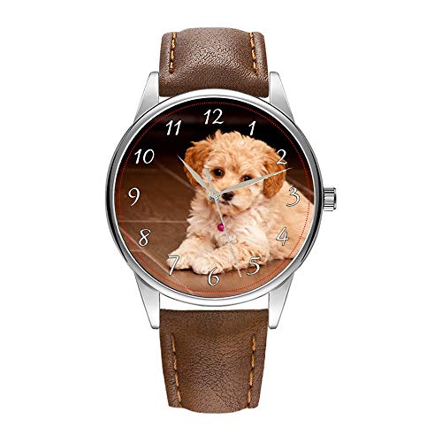 Herrenuhr braun Cortex Quarz Uhr für Männer berühmte Armbanduhr Quarzuhr für Geschäftsgeschenk Maltesischer Pudel-Mix für Babypuppe oder Maltipoo