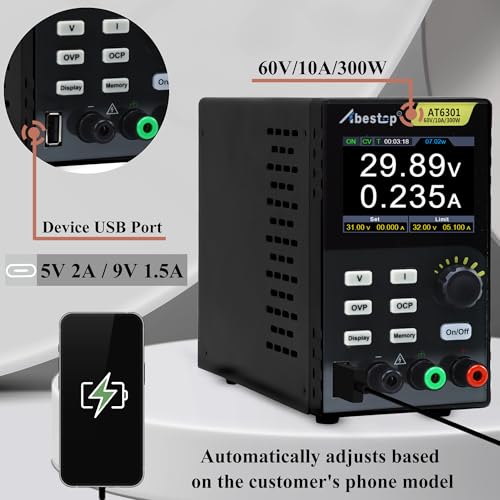 Bench Power Supply, 60V 10A 300W Adjustable Bench Power Supply, with 10mV / 1mA High Resolution 4-Digits 2.8 inch LCD Display, USB Fast Charging(110V Input Voltage)