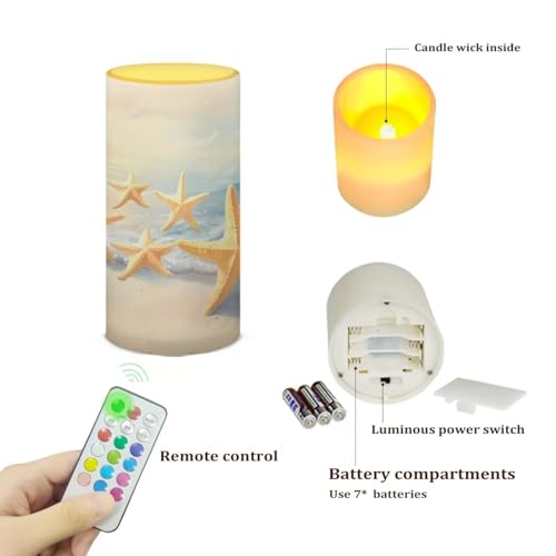 Image of Flameless LED Candles Battery Operated Candle with Remote Timer Color Changing Control Long Lasting Pillar Candle Tealights for Indoor Outdoor Decoration, Coastal Gold Starfish