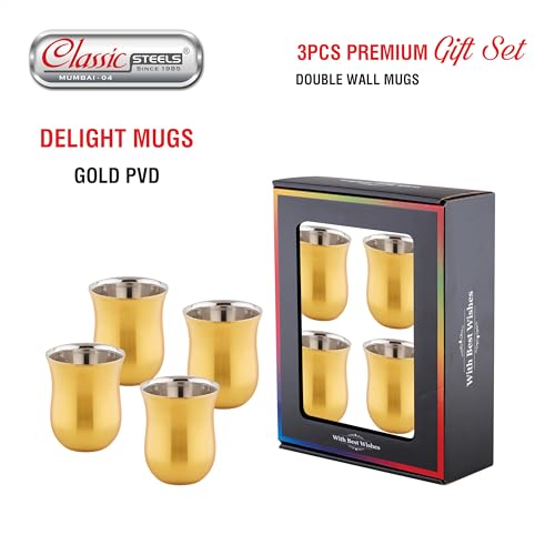 Image of Classic Steels |Delight Gold PVD Double Wall Stainless Steel Mug (Set of 4) 120 ml | Tea & Coffee Cups |Insulated Premium Gift Set for Home Office Wedding & Corporate Gifting