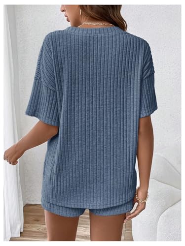 Image of MakeMeChic Women's Maternity 2 Piece Outfits Summer Short Sleeve Rib Knit Tee Top and Short Lounge Sets Clothes