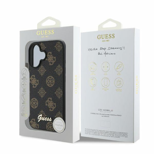 Coque iPhone 16 Guess protection rigide noire Script Pivoine pour mobile 6,1" - 4