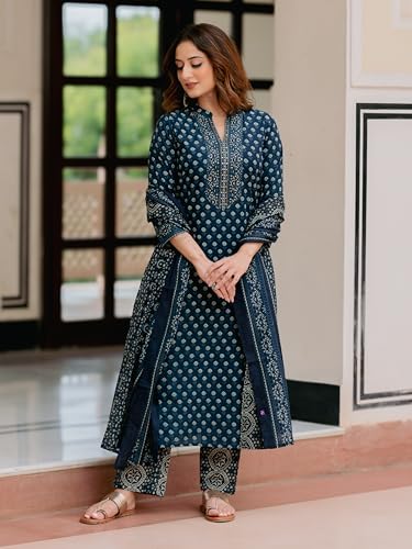Image of Arayna Women's Pure Cotton Printed Kurta Pant Dupatta Set with Hand-Finished Embroidered Neckline | Straight Ethnic Suit Set for Women