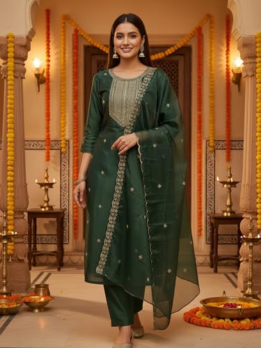 Image of INDO ERA Women's Silk Blend Floral Embroidered Thread Work Kurta & Pant with Dupatta Set