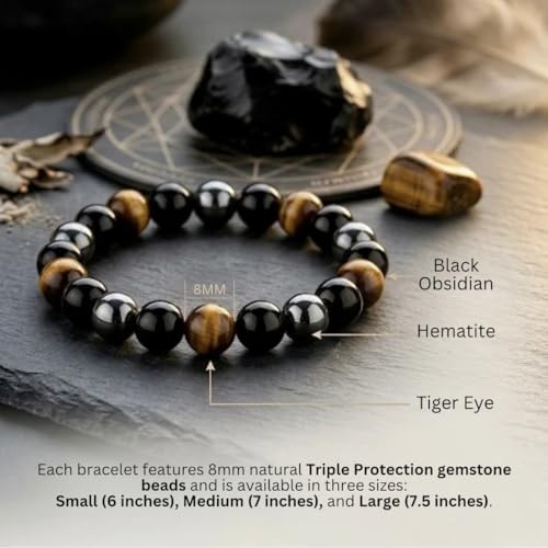 Image of Triple Protection Bracelet Original | 8mm Natural Tiger Eye, Black Obsidian & Hematite | Certified Healing Crystal Bracelet for Men & Women | Choose Your Size: Small, Medium, Large