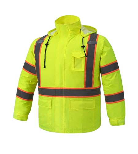 Wuple Men's Hi Vis Rain Jacket & Safety Rain Coat Waterproof Lightweight with Hood, Class 3 Reflective Adult Yellow Work Rain Jacket (S/M)