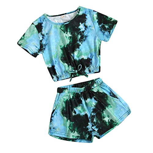 Little Girls Tie-Dye Print Clothes Round Collar Short Sleeve Pullover Top+Elastic Waist Shorts Pants 2Pcs Summer Outfits (Blue, Tag Size 150, US 10-12 Years, 12_Years)