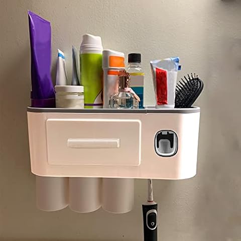 ZEONHEI Automatic Toothpaste Dispenser, Multifunctional Bathroom Wall Mounted Toothbrush Holder Set with 6 Toothbrush Slots, 3 Magnetic Cups and Organizer Drawer, Grey Cover