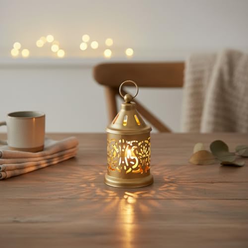 Image of Hanging Metal Tealight Candle Holder Lantern Set with LED Candle | Decorative Gold Hanging Lantern for Home Decor, Living Room, Dining Table, Balcony & Festive Gifting (Set of 6)
