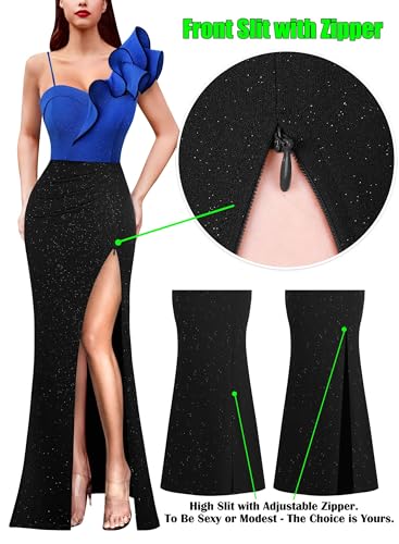 Image of VFSHOW Womens Ruffle One Shoulder Strap Ruched Formal Prom Wedding Maxi Dress V Neck Elegant Split Cocktail Evening Long Gown