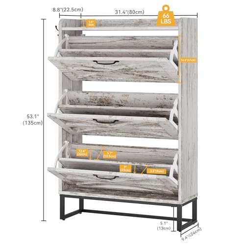 DWVO Farmhouse Shoe Storage Cabinet with 3 Flip Drawers, Slim Shoe Cabinet for Up to 24 Pairs, Narrow Shoe Rack for Entryway, Living Room, Hallway (Vintage White)