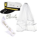 Bride Captain's Hat with Veil Kit, Bride to Be Sash, Bride Brooch Pin, Nautical Bachelorette Party Hat Bridal Shower Gifts (White Sash Set)