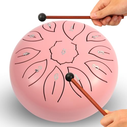 Steel Tongue Drum - 6 Inch 11 Notes C Major 440 Hz - Rain Drum with Music Book Mallets Storage Bag Spare Note Stickers - Meditation Drum for Yoga Gifts (pink)