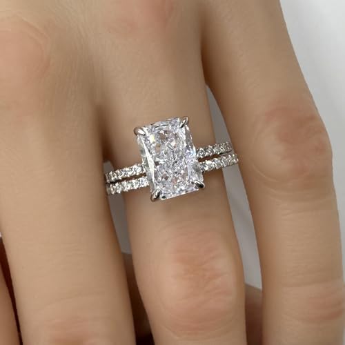 Radiant Cut Wedding Ring Set for Women, 3.5 Carat Platinum S925 Engagement Ring White Cubic Zirconia ,Sterling Silver Bridal Set, Women's Wedding Bands,Matching Wedding Rings for Her, Elegant Engagement Ring Set for women3