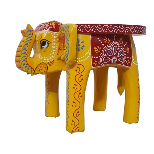 Image of Hand-Crafted and Emboss Colorful Painted Wooden Elephant Shape Stool for Home /Office /Living or Bedroom Decor,Decorative Showpiece (8 Inches Height, Yellow)