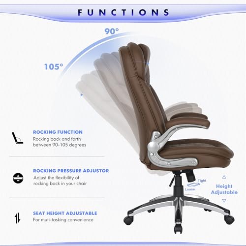 Image of COLAMY Executive Office Chair-Ergonomic Computer Desk Chair, High Back Leather Chair with Padded Flip-up Arms, Swivel Home Office Chair Upgraded Caster, Brown
