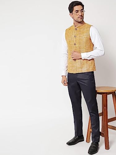 Image of Vastraa Fusion Mens Handloom Small Check Cotton Nehru Jacket - (Brown)