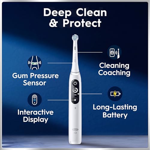 Image of Oral-B Rechargeable Electric Toothbrush, iO7 Limited Deep Clean + Protect, 5 Cleaning Modes, Interactive Display, Visible Pressure Sensor, 2 Brush Heads, Charging Travel Case, White