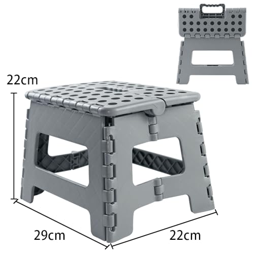 Image of Folding Stool Step Down Footstool With Carry Handle Compact Foldable Foot Stool DIY Footstool Ladder MAX Weight 150KG (Grey)