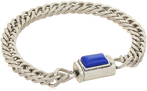 Steve Madden Men's Blue Simulated Lapis Rectangle Design Curb Chain Bracelet in Stainless Steel, Silver-Tone, One Size