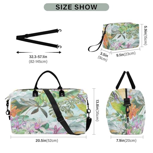 Tropical Pattern with Flowers and Leaves Travel Duffle Bag, Large Weekender Overnight Bags for Women Men Waterproof Carry on Shoulder Tote Bags for Hospital Maternity Mommy Gym with Toiletry Bag3
