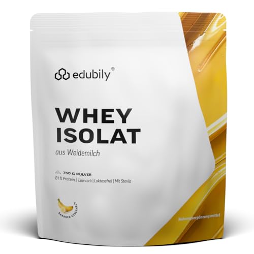 edubily® Whey Protein Isolat aus irischer Weidehaltung • Sehr gut lösliches Eiweißpulver ohne Kohlenhydrate & Zucker • Laktosefrei (750 g, Banane)