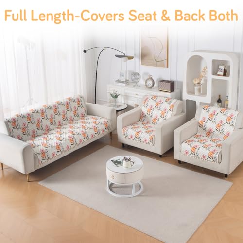 Image of HOKIPO Painterly Floral Quilted Sofa Cover 5 Seater with Tassels Set - Sofa Cover for Seat & Back | 'Tassel Twigs' Series (IN-991-T8 + IN-989-T8)