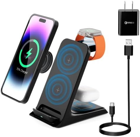 Wireless Charging Station for Multiple Devices Apple, 3 in 1 Fast Qi Wireless Charger Stand for iPhone 14 13/Apple Watch/Airpods, Wireless Phone Charger for Thick Cases/Popsocket/Otterbox Up to 10MM