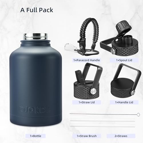 Image of BJPKPK Insulated Water Bottles with Straw Lid, 50oz Large Water Jug, Stainless Steel Vacuum Bottles, Hot & Cold Thermo with 3 Lids and Paracord Handle,Navy Blue