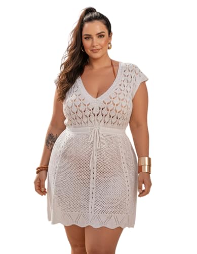 Saída de Praia Feminino Plus Size vestido curto crochê tricô rendada cinturada Saída de Banho Elegante Luxo Canga (Branco)