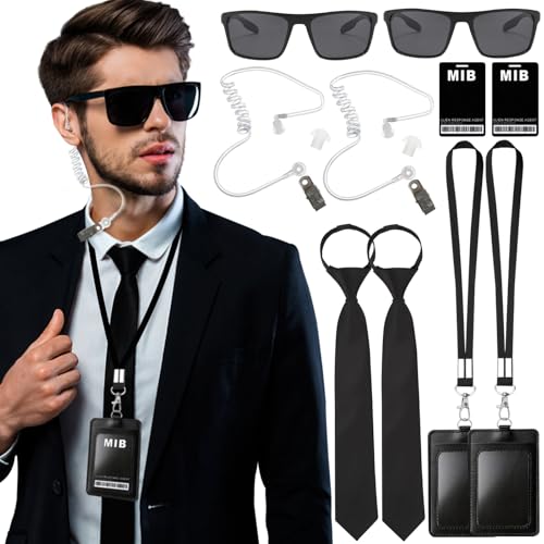 MIB Men in Black Kostüm Herren Damen Kinder 12 Stück Spion Geheimagent Agent Agenten Kostüm Zubehör Frauen Männer Schwarze Sonnenbrille Ausweis Headset Krawatte Swat Security faschingskostüme Karneval