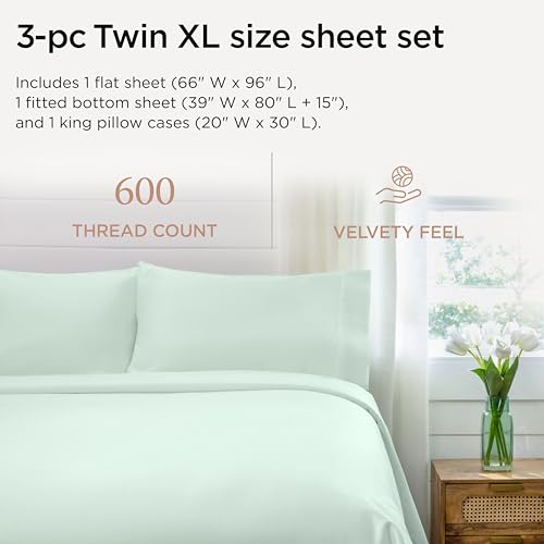 Image of Threadmill Sheets for Twin XL Mattress | 600 Thread Count Twin XL Bed Sheets Set with 15 inch Deep Pocket | Sateen Weave 3-Piece Bedding Set with Cooling Effect | Seaglass