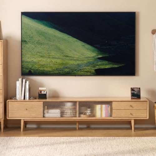 Wayshome 78.74" L Fully-Assembled Solid Oak Wood TV Stand for 70-85 Inch TVs, Entertainment Center with Storage, Glass Sliding Door TV Console with 2 Drawers and 3 Cabinets, TV Stands for Living Room