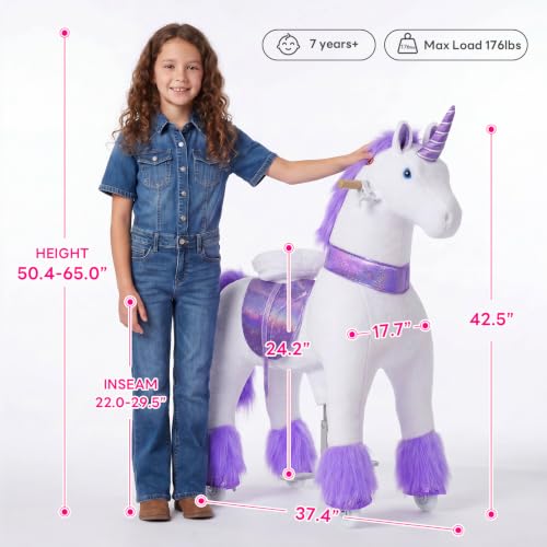 Image of PonyCycle Large Unicorn Ride on Horse for Big Kids (with Brake / 42.5 inch Height /Size 5 for Age 7-12) Ride on Unicorn Toys Riding Purple Unicorn Pony Rider Walking Animal Plush Gifts Ux506