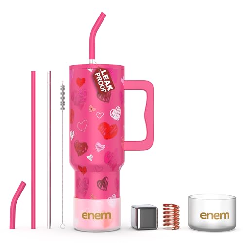 Image of enem Tumbler, Lovestruck, Tumbler with Metal Straw, Sipper, with Lid Leak Proof, 1 Metal Ice Cube, 1 Copper Spring (Tamba), Base Protector, Mug Travel, 1.2L (Pink)