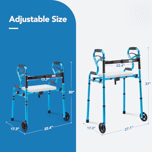 Health Line Massage Products 4 in 1 Folding Walker with Detachable Seat, Width Adjustable Folding Walkers with 5” Wheels and Extra 2 Skis, Compact Adults Walker for Seniors Support Up to 350lbs