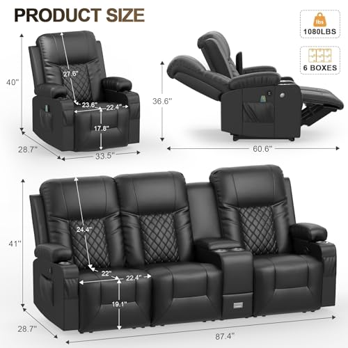 YONISEE Modern Recliner Sofa Set - 3 Seat Sofa & 2PC Swivel Recliner Chairs with Heat & Massage for Living Room (3+1+1)